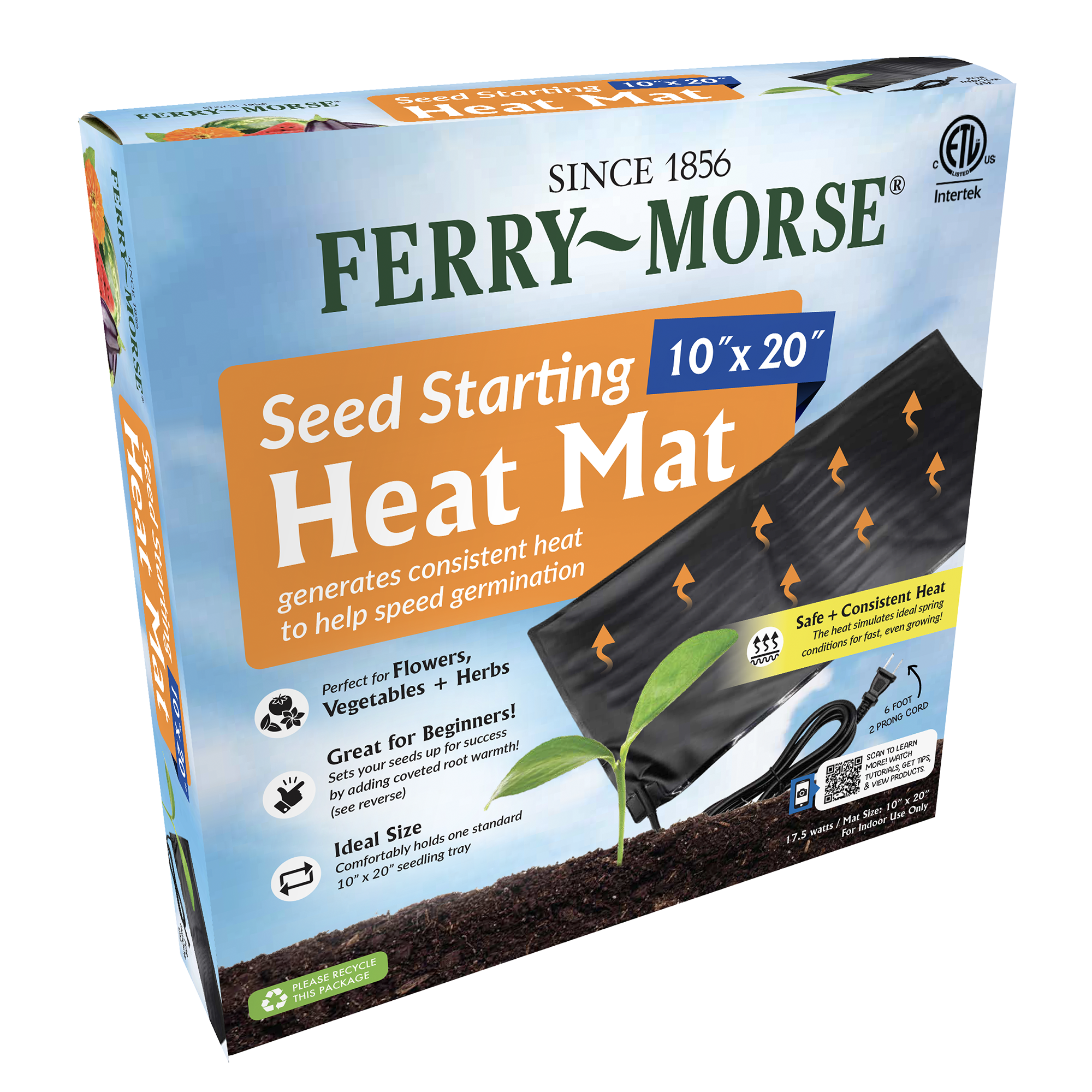 A black heat mat for seed starting with a visible power cord packaging